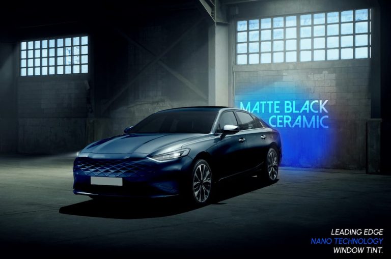 Luxury sedan with Matte Black Ceramic window tint, featuring advanced nano-technology for superior heat rejection and a sleek, modern finish.